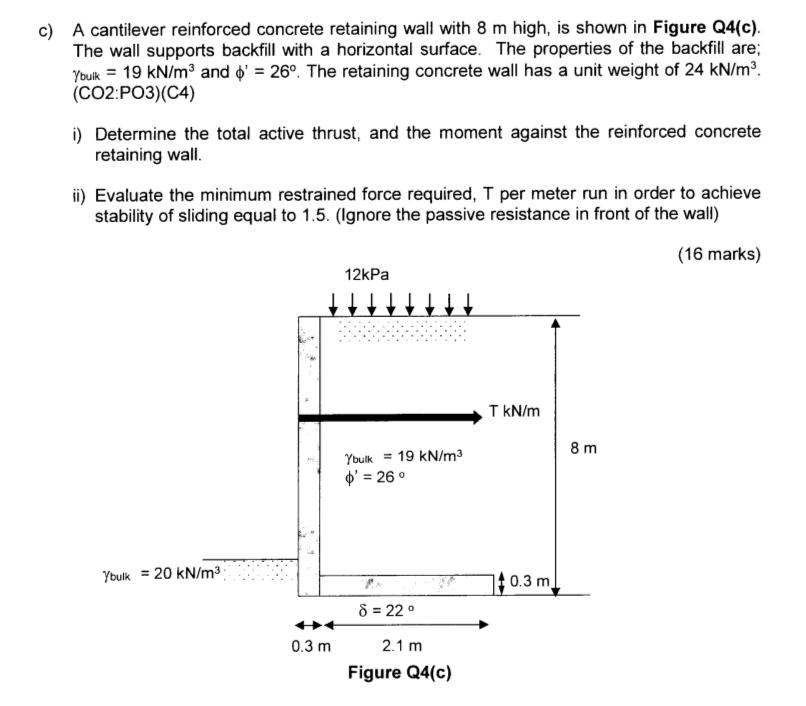 C A Cantilever Reinforced Concrete Retaining Wall With 8 M High Is Shown In Figure Q4 C The Wall Supports Backfill W 1