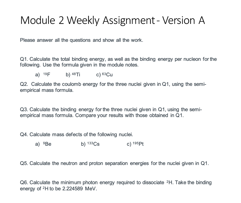 Module 2 Weekly Assignment Version A Please Answer All The Questions And Show All The Work Q1 Calculate The Total Bi 1