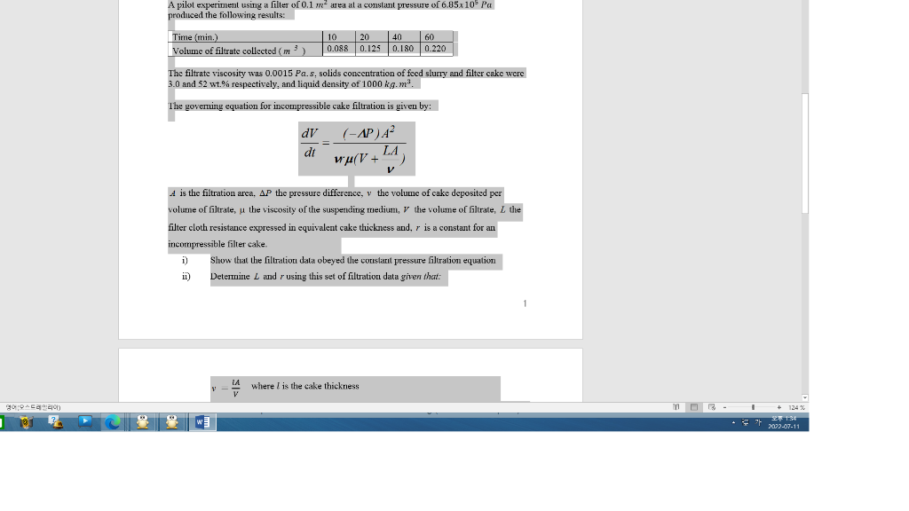 Pls Answer Hint Choose Basis 100kg Of Wet Cake Assume Constant Pressure Filtration From Time Zero 1