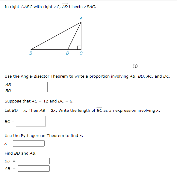 In Right Aabc With Right Zc Ad Bisects Bac B Bc Use The Angle Bisector Theorem To Write A Proportion Involving Ab 1