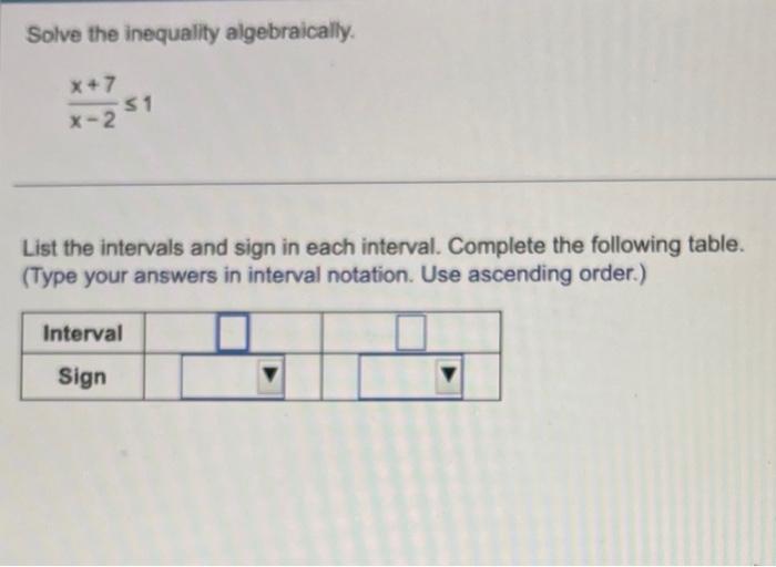 Solve The Inequality Algebraically X 7 X 2 51 List The Intervals And Sign In Each Interval Complete The Following Tabl 1