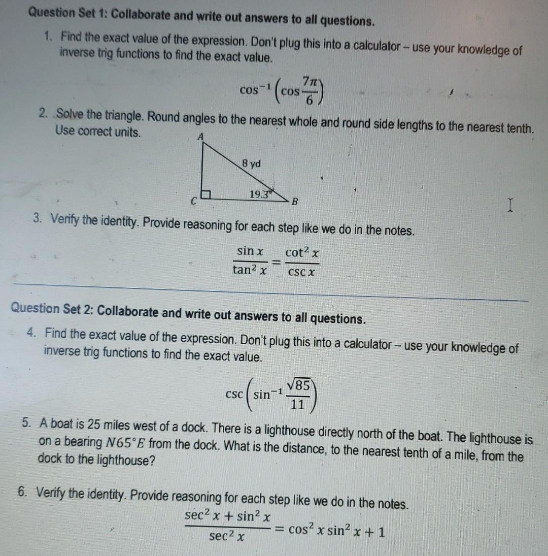 Question Set 1 Collaborate And Write Out Answers To All Questions 1 Find The Exact Value Of The Expression Don T Plu 1