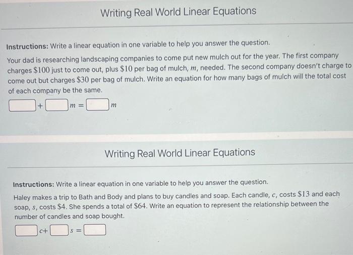 Instructions Write A Linear Equation In One Variable To Help You Answer The Question Your Dad Is Researching Landscapi 1