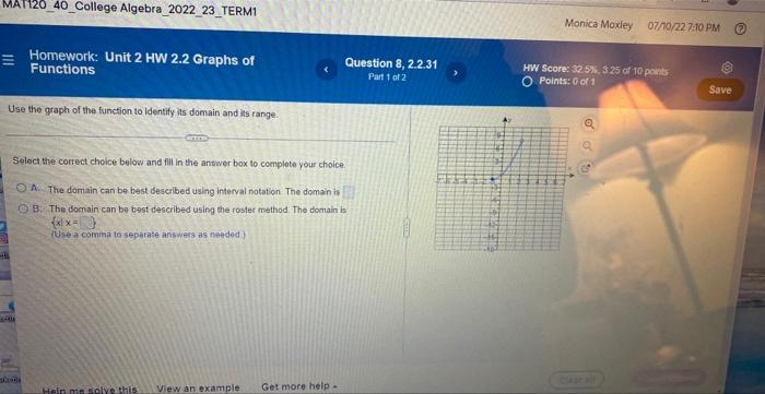 Mat120 40 College Algebra 2022 23 Term1 Homework Unit 2 Hw 2 2 Graphs Of Functions Use The Graph Of The Function To Ide 1