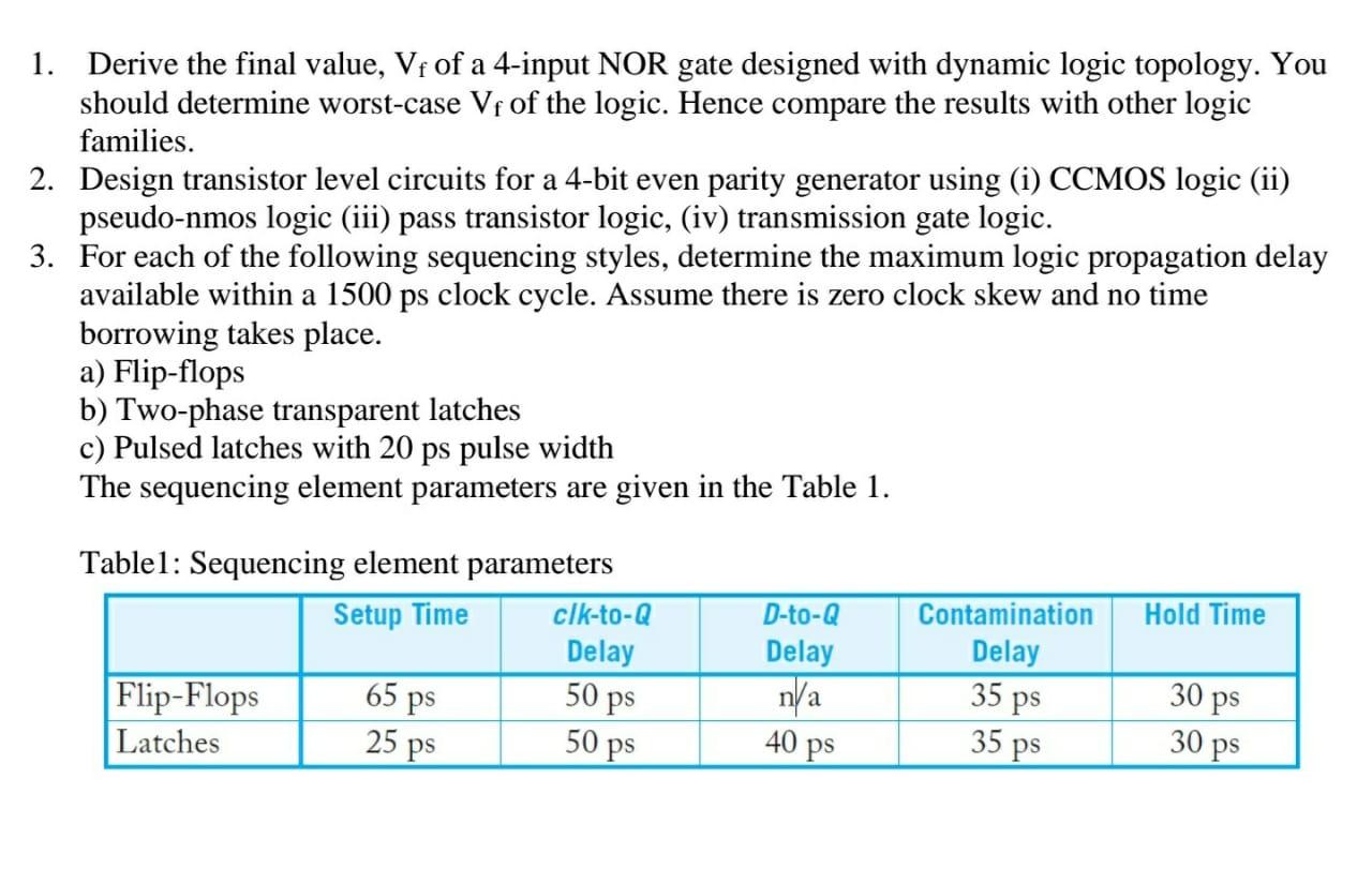 1 Derive The Final Value Vf Of A 4 Input Nor Gate Designed With Dynamic Logic Topology You Should Determine Worst Cas 1