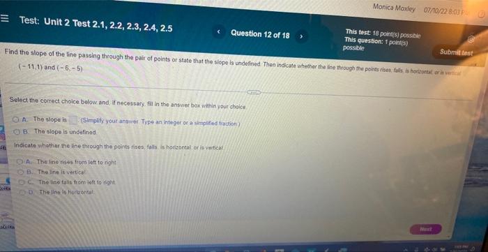 H Test Unit 2 Test 2 1 2 2 2 3 2 4 2 5 Submit Test Find The Slope Of The Line Passing Through The Pair Of Points Or 1