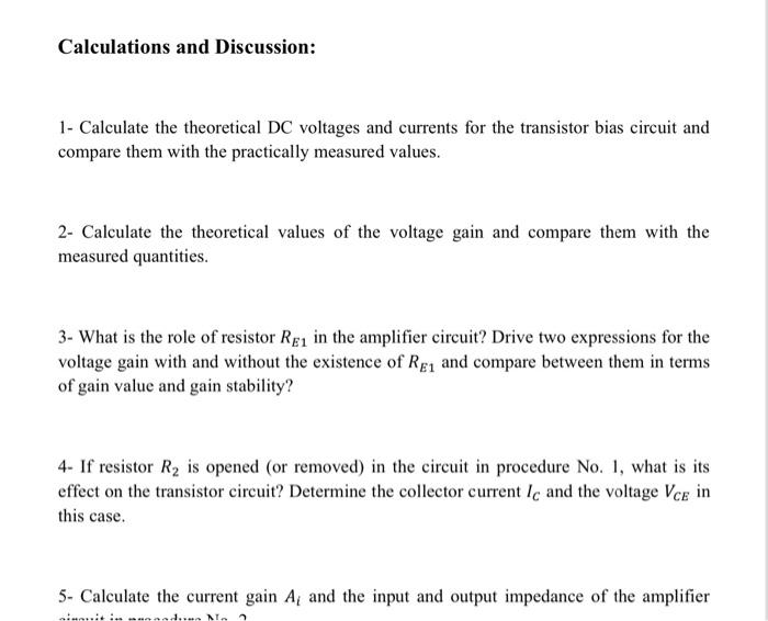 Calculations And Discussion 1 Calculate The Theoretical Dc Voltages And Currents For The Transistor Bias Circuit And C 1