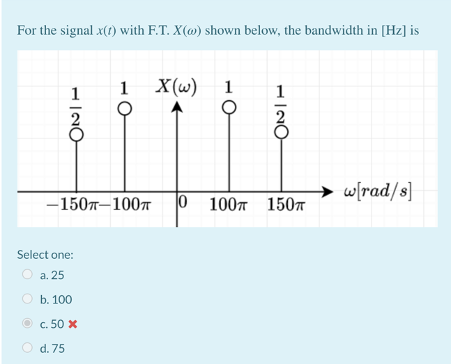 For The Signal X T With F T Xw Shown Below The Bandwidth In Hz Is 1 X W 1 1 W Rad S 1507 1007 Lo 1007 1501 Sele 1