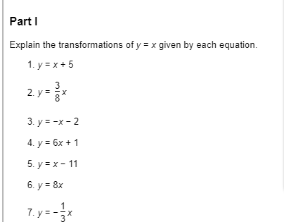 Part I Explain The Transformations Of Y X Given By Each Equation 1 Y X 5 2 Y X 3 Y X 2 4 Y 6x 1 5 Y 1