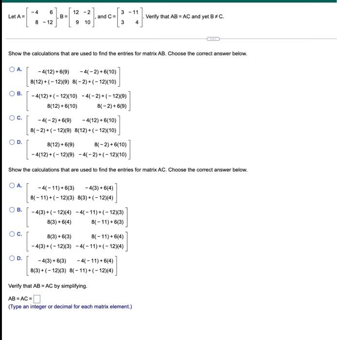 Let A O A B C 6 A B 4 C 6 D 8 12 Show The Calculations That Are Used To Find The Entries For Matrix Ab Choos 1