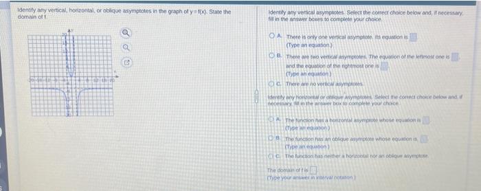 Identify Any Vertical Horizontal Or Oblique Asymptotes In The Graph Of Y F X State The Domain Of 1 1 Identify Any Ve 1