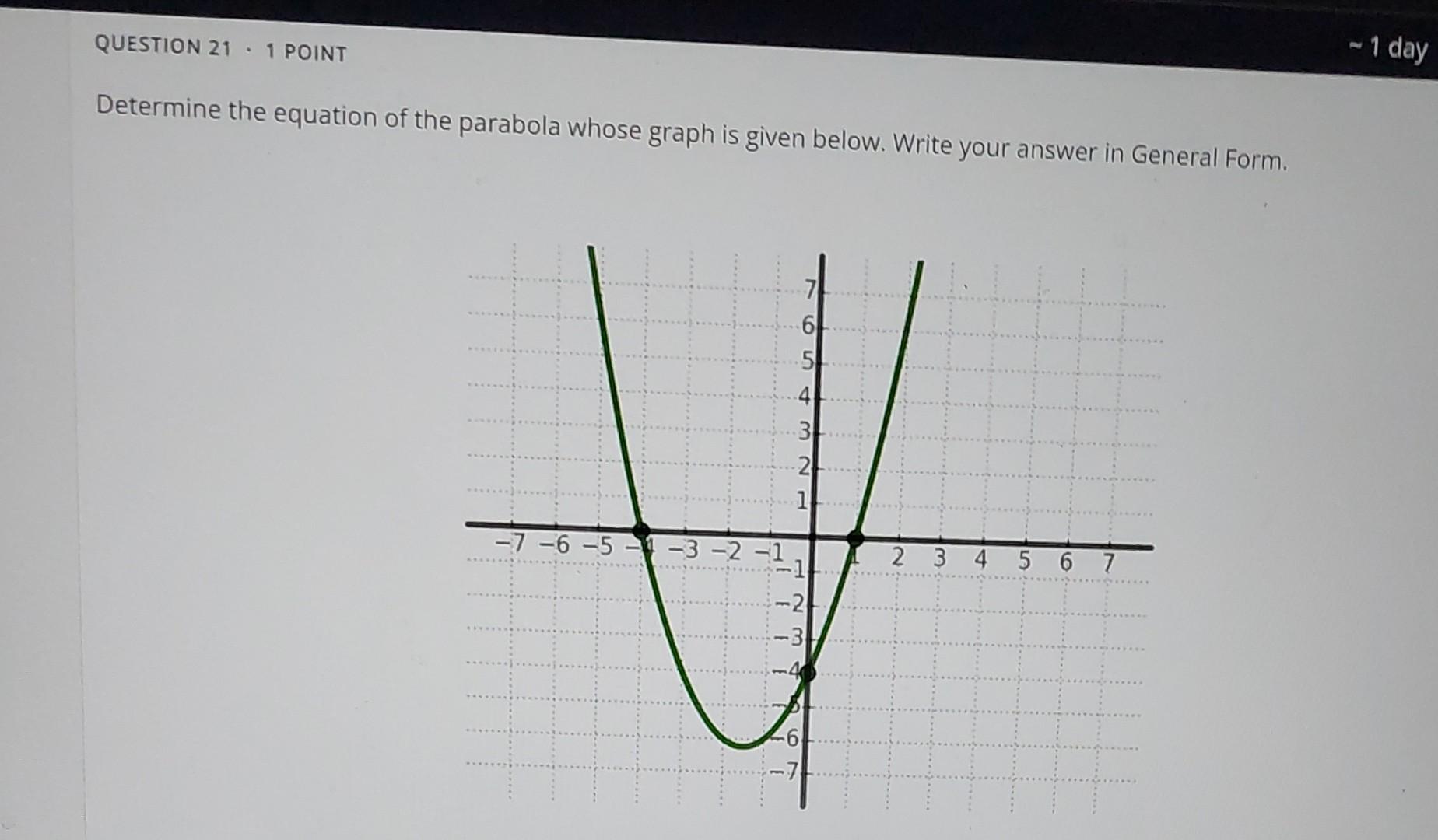 Question 21 1 Point Determine The Equation Of The Parabola Whose Graph Is Given Below Write Your Answer In General Form 1