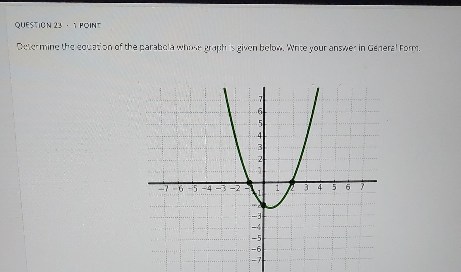 Question 23 1 Point Determine The Equation Of The Parabola Whose Graph Is Given Below Write Your Answer In General Form 1