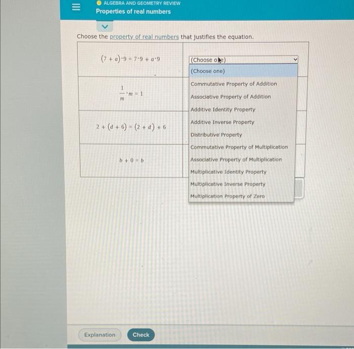 E Algebra And Geometry Review Properties Of Real Numbers Choose The Property Of Real Numbers That Justifies The Equati 1