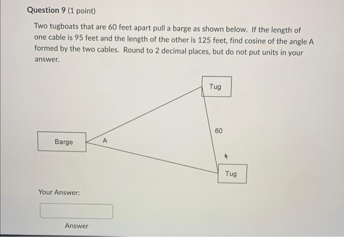 Question 9 1 Point Two Tugboats That Are 60 Feet Apart Pull A Barge As Shown Below If The Length Of One Cable Is 95 F 1