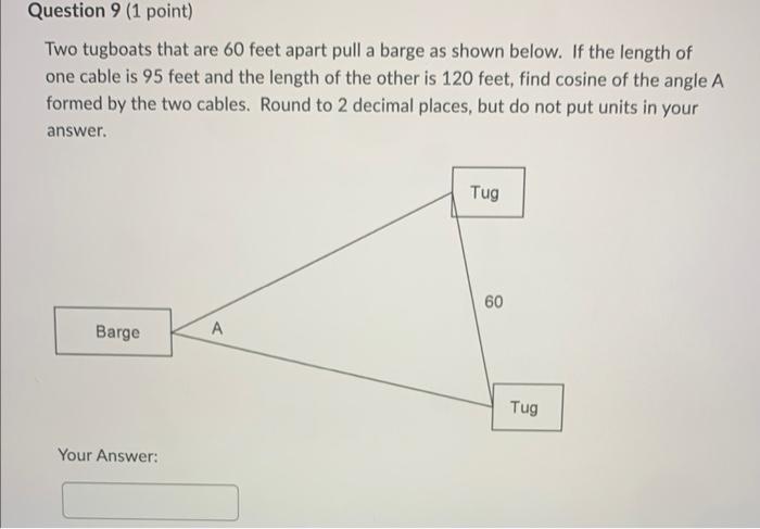 Question 9 1 Point Two Tugboats That Are 60 Feet Apart Pull A Barge As Shown Below If The Length Of One Cable Is 95 F 1