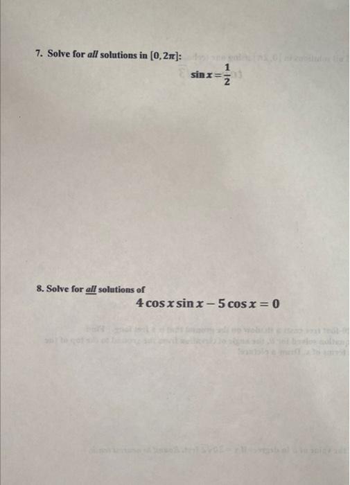 7 Solve For All Solutions In 0 2 8 Solve For All Solutions Of Sinx 2 4 Cos X Sinx 5 Cos X 0 1