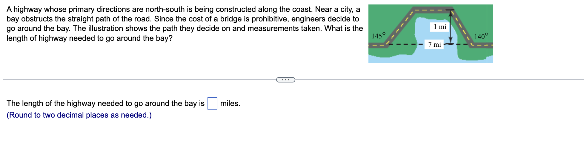 A Highway Whose Primary Directions Are North South Is Being Constructed Along The Coast Near A City A Bay Obstructs Th 1