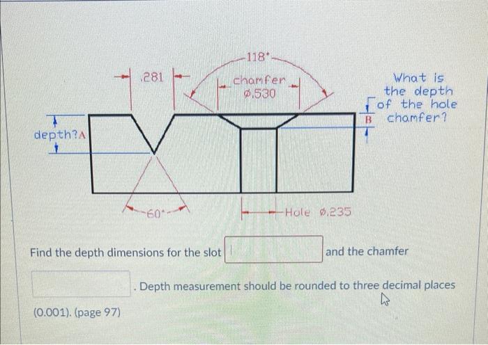 Depth A 281 0 001 Page 97 60 Find The Depth Dimensions For The Slot 118 Chamfer 0 530 Hole 0 235 B What Is The D 1