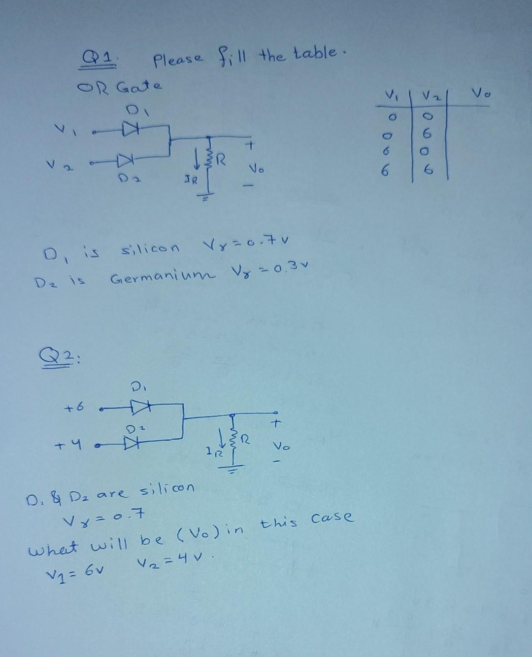 Q1 Please Fill The Table Or Gate Vo Ct To 0o O Jr Vo 6 Ir D Is De Is Silicon Vr O Tv Germanium 0 3 Q2 6 Ca Fu 1