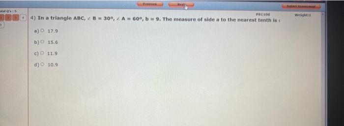Stal S 5 5 A B C D Previous Pol100 4 In A Triangle Abc B 30 A 60 B 9 The Measure Of Side A To The Neares 1
