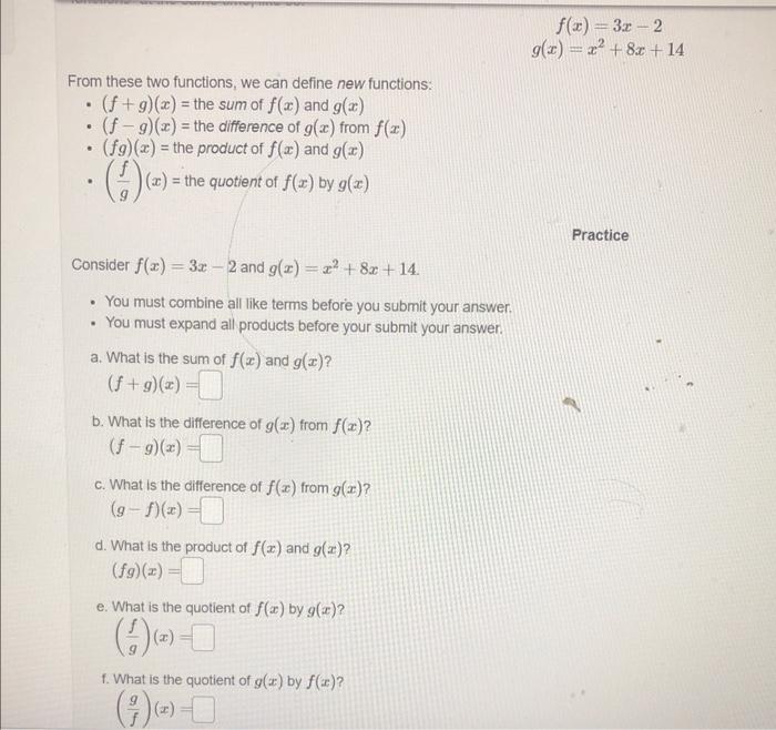 From These Two Functions We Can Define New Functions F G X The Sum Of F X And G X F G X The Difference Of 1