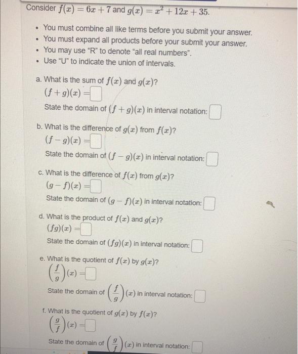 Consider F X 6x 7 And G X X 12x 35 You Must Combine All Like Terms Before You Submit Your Answer You Must 1
