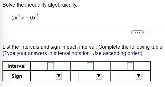 Solve The Inequality Algebraically 2x 6x List The Intervals And Sign In Each Interval Complete The Following Tabl 1