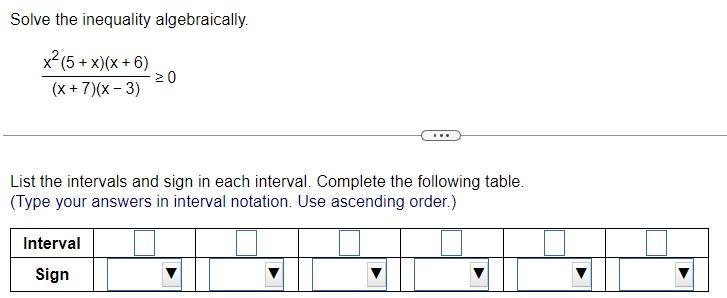 Solve The Inequality Algebraically X 5 X X 6 X 7 X 3 0 List The Intervals And Sign In Each Interval Complete 1