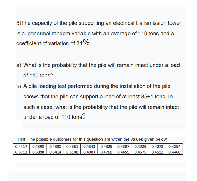 5 The Capacity Of The Pile Supporting An Electrical Transmission Tower Is A Lognormal Random Variable With An Average Of 1