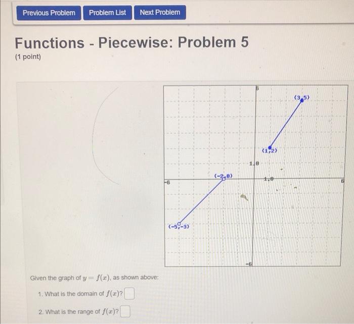 Previous Problem Problem List Next Problem Functions Piecewise Problem 5 1 Point Given The Graph Of Y F X As Shown 1