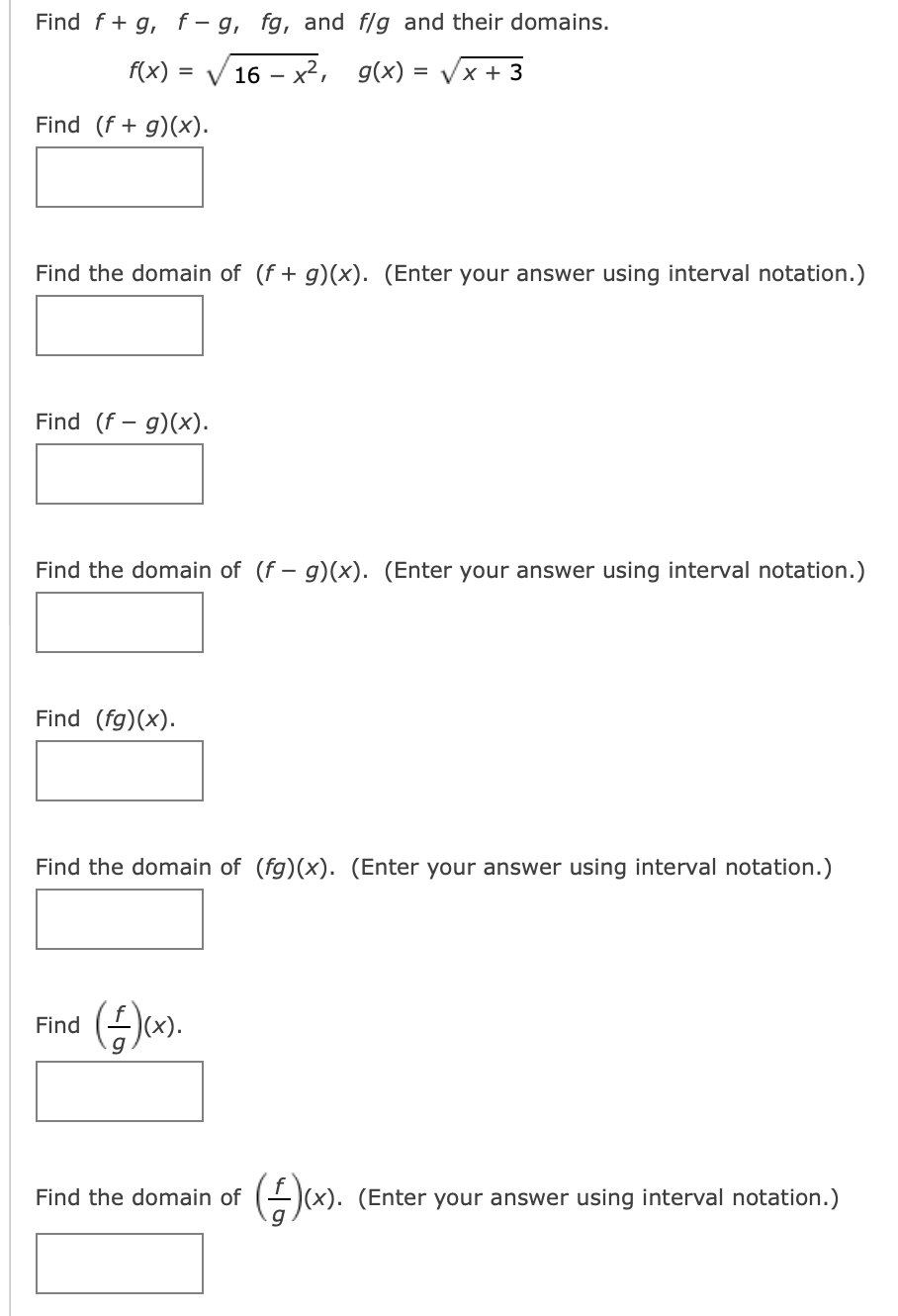 Find F G F G Fg And F G And Their Domains F X 16x G X X 3 Find F G X Find The Domain Of F 1