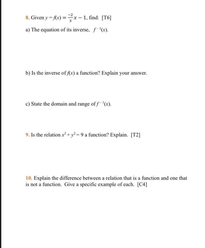 8 Given Y F X X 1 Find T6 A The Equation Of Its Inverse F X B Is The Inverse Of F X A Function Expl 1