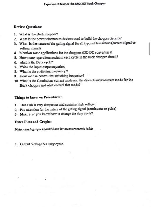 Experiment Name The Mosfet Buck Chopper Review Questions 1 What Is The Buck Chopper 2 What Is The Power Electronics 1