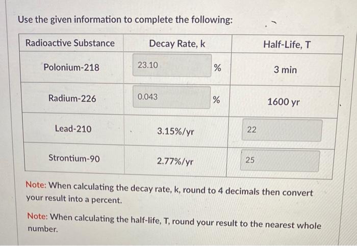 Use The Given Information To Complete The Following Decay Rate K Radioactive Substance Polonium 218 Radium 226 Lead 21 1