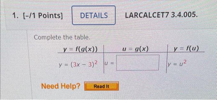 1 1 Points Details Complete The Table Y F G X Y 3x 3 U Need Help Read It Larcalcet7 3 4 005 U G 1