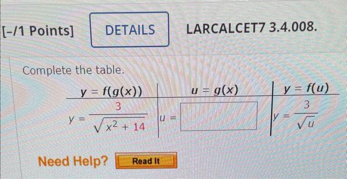 1 Points Details Complete The Table Y F G X 3 X 14 Y U Need Help Read It 11 Larcalcet7 3 4 008 U G X 1