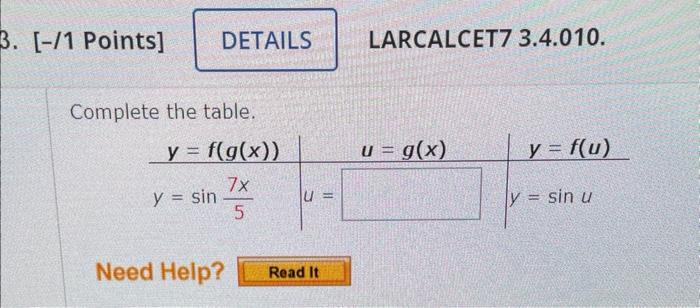 3 1 Points Details Complete The Table Y F G X 7x 5 Y Sin Need Help U Read It Larcalcet7 3 4 010 U G X 1
