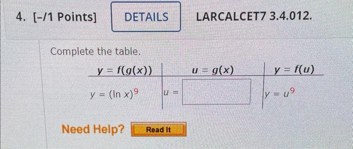 4 1 Points Details Complete The Table Y F G X Y In X 9 Need Help Read It Larcalcet7 3 4 012 U G X Y 1
