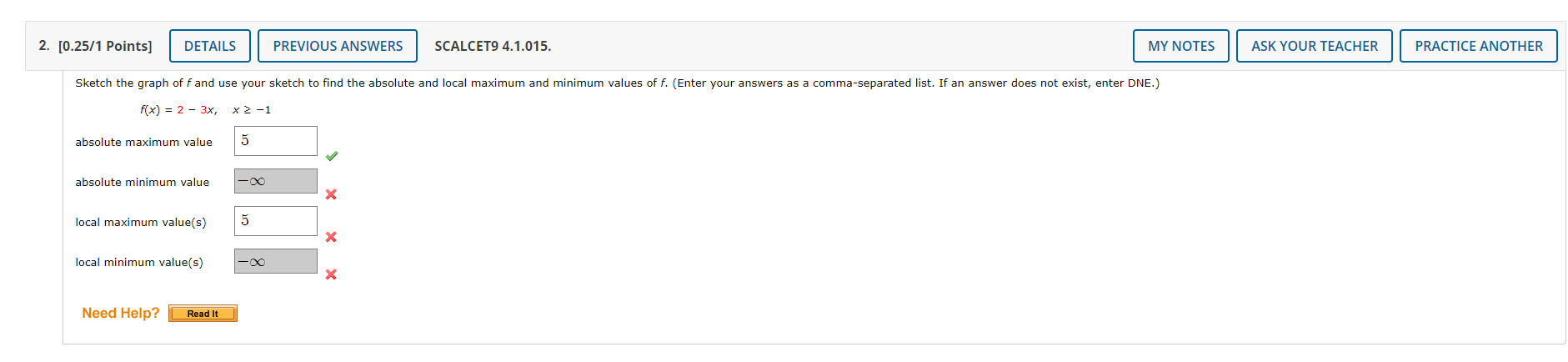 2 0 25 1 Points Details Absolute Maximum Value Absolute Minimum Value Sketch The Graph Of F And Use Your Sketch To Fi 1