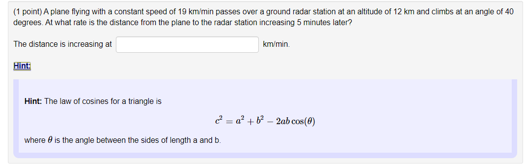 1 Point A Plane Flying With A Constant Speed Of 19 Km Min Passes Over A Ground Radar Station At An Altitude Of 12 Km A 1