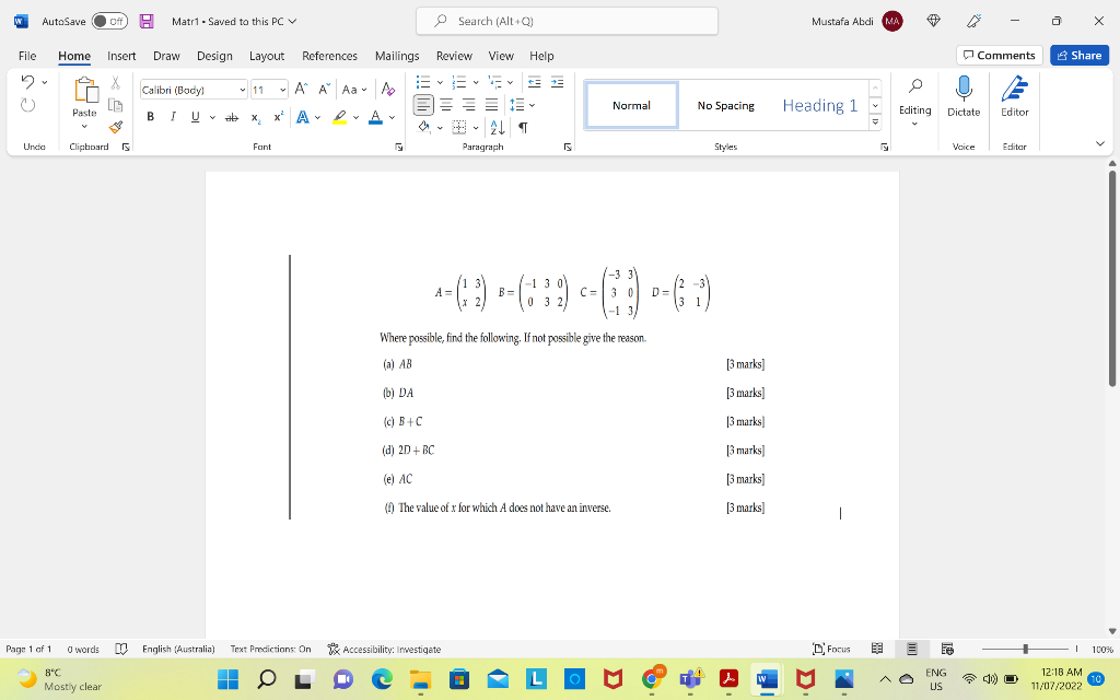 W Autosave File Home Insert Draw Design Layout 5 A X Li G Paste S Unda Page 1 Of 1 Off H Matr1 Saved To This Pc V Cl 1