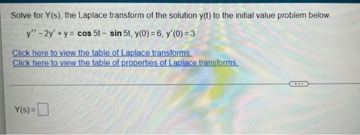 Solve For Y S The Laplace Transform Of The Solution Y T To The Initial Value Problem Below Y 2y Y Cos 5t Si 1