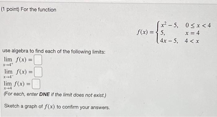 1 Point For The Function Use Algebra To Find Each Of The Following Limits Lim F X X 4 Lim F X X 4 Lim F X 1