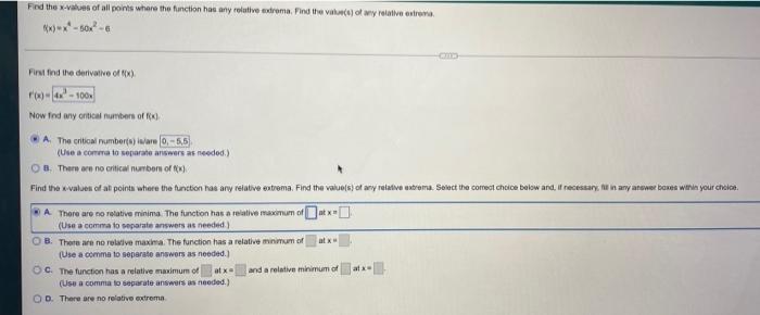 Find The X Values Of All Points Where The Function Has Any Relative Sodrema Find The Value S Of Any Relative Extrema 1
