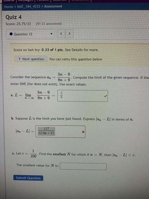 Home Mat 184 4222 Assessment Quiz 4 Score 25 75 33 29 33 Answered Question 12 Score On Last Try 0 33 Of 1 Pts See 1