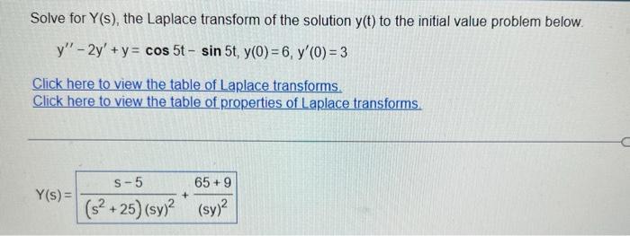 Solve For Y S The Laplace Transform Of The Solution Y T To The Initial Value Problem Below Y 2y Y Cos 5t Si 1
