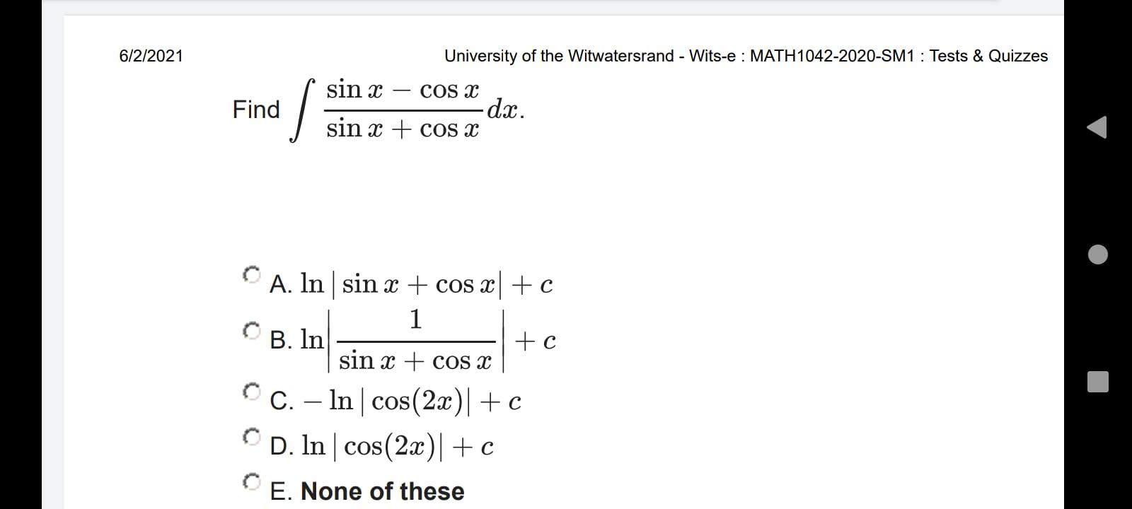 6 2 2021 Find Sin X S University Of The Witwatersrand Wits E Math1042 2020 Sm1 Tests Quizzes Cos X Sin X Cos X 1