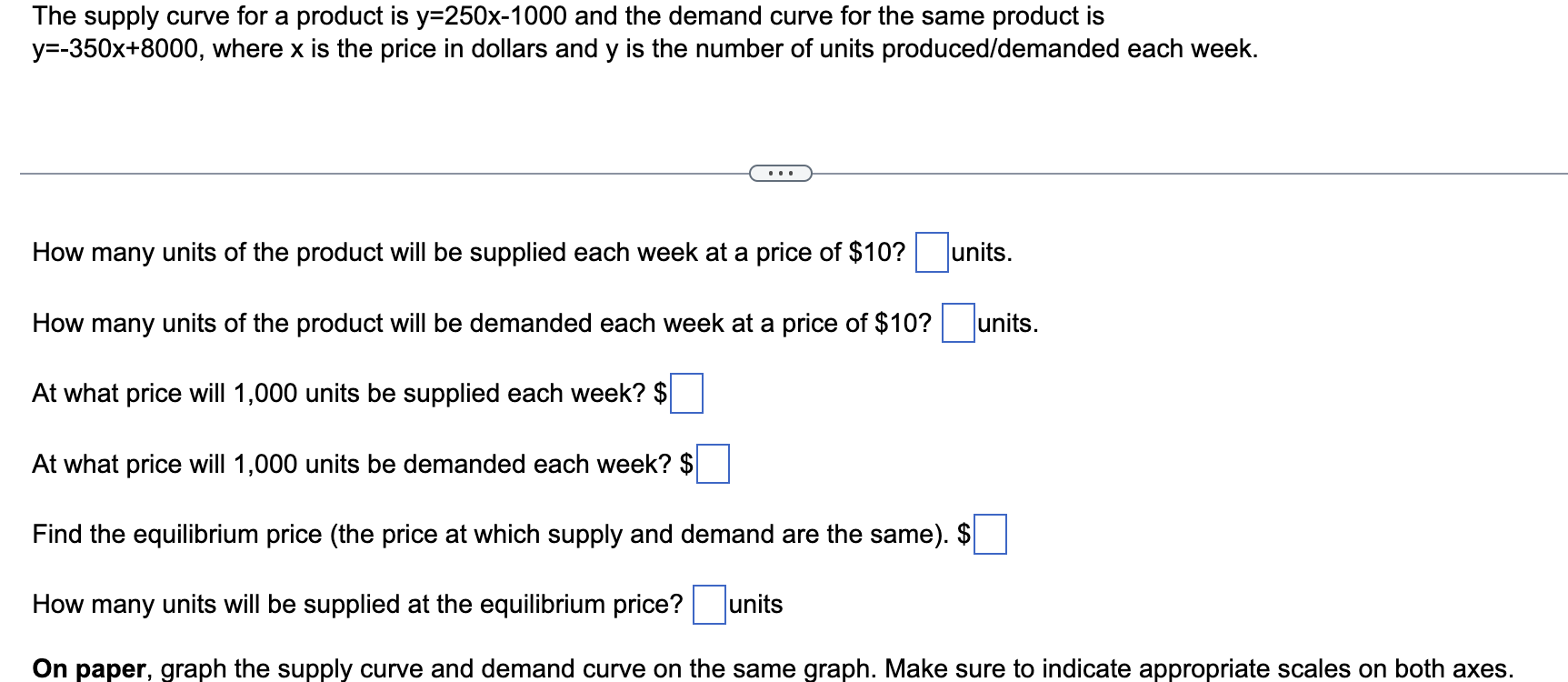 The Supply Curve For A Product Is Y 250x 1000 And The Demand Curve For The Same Product Is Y 350x 8000 Where X Is The 1
