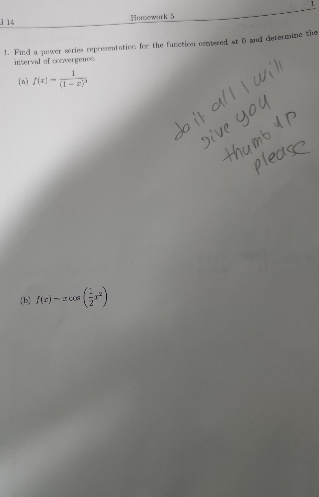 114 1 Find A Power Series Representation For The Function Centered At 0 And Determine The Interval Of Convergence A 1